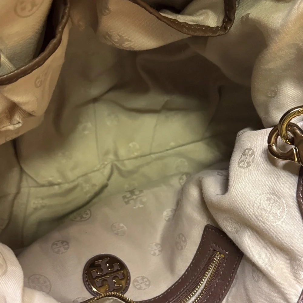 Tory‎ Burch Brown Pebbled Leather Logo Tote Shoulder Bag